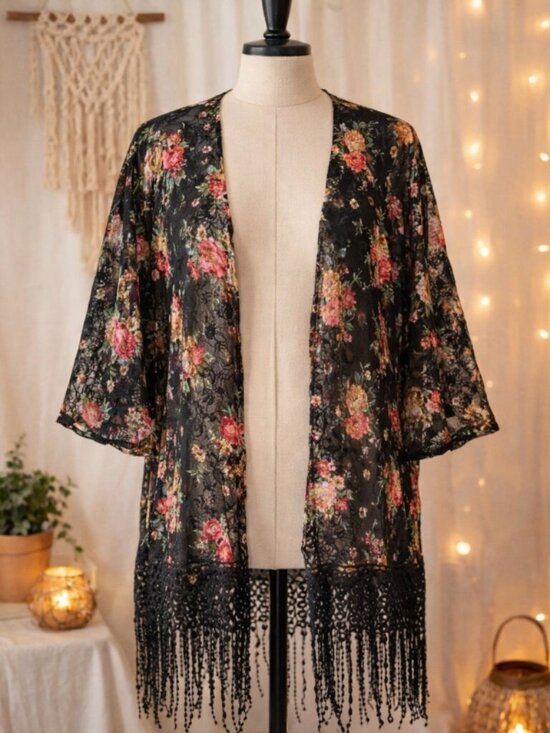 Sweet Rain Other - Sweet Rain Floral Mesh Fringe Kimono Beach Cover-Up M Whimsigoth Boho Festival